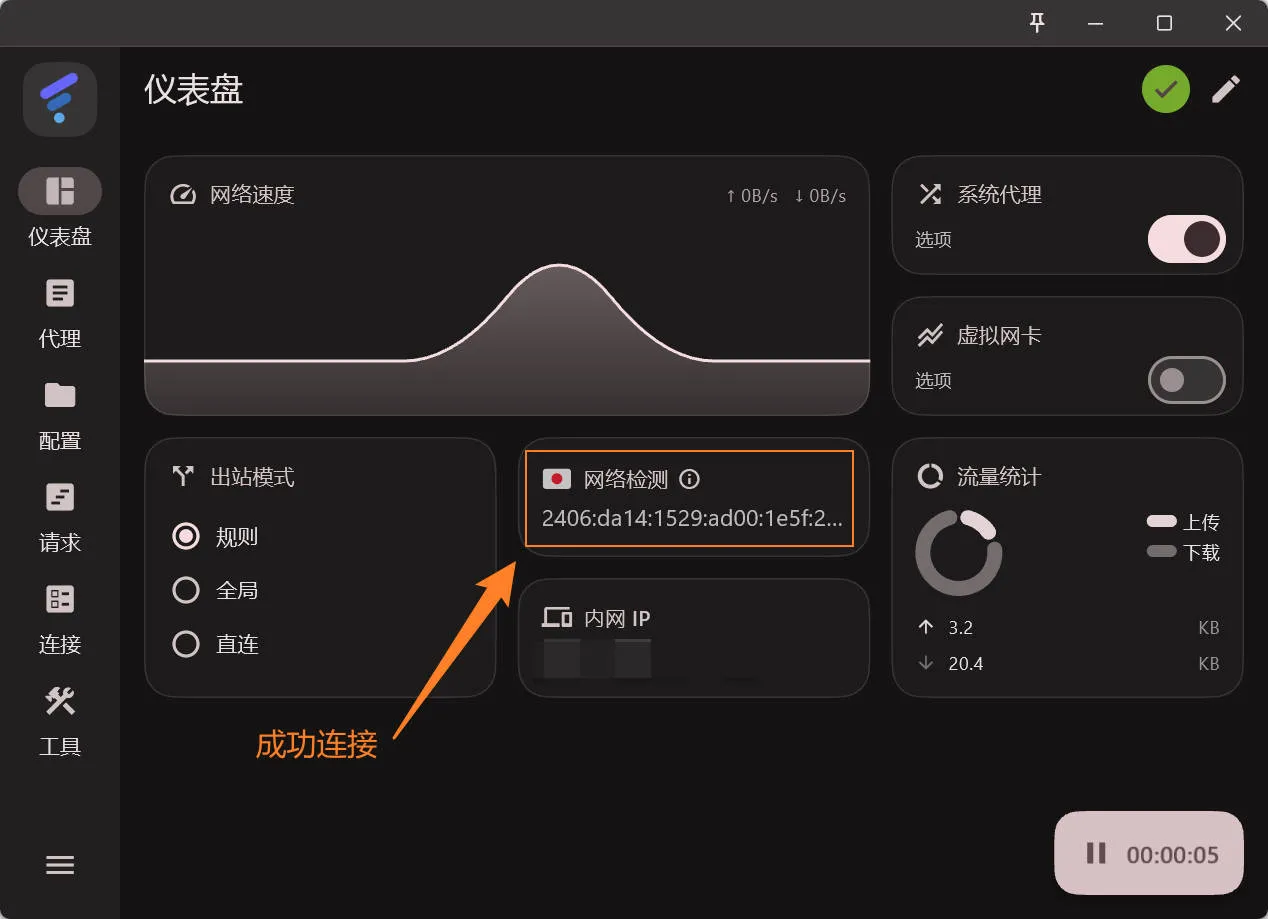 成功连接验证与网络检测显示出口IP