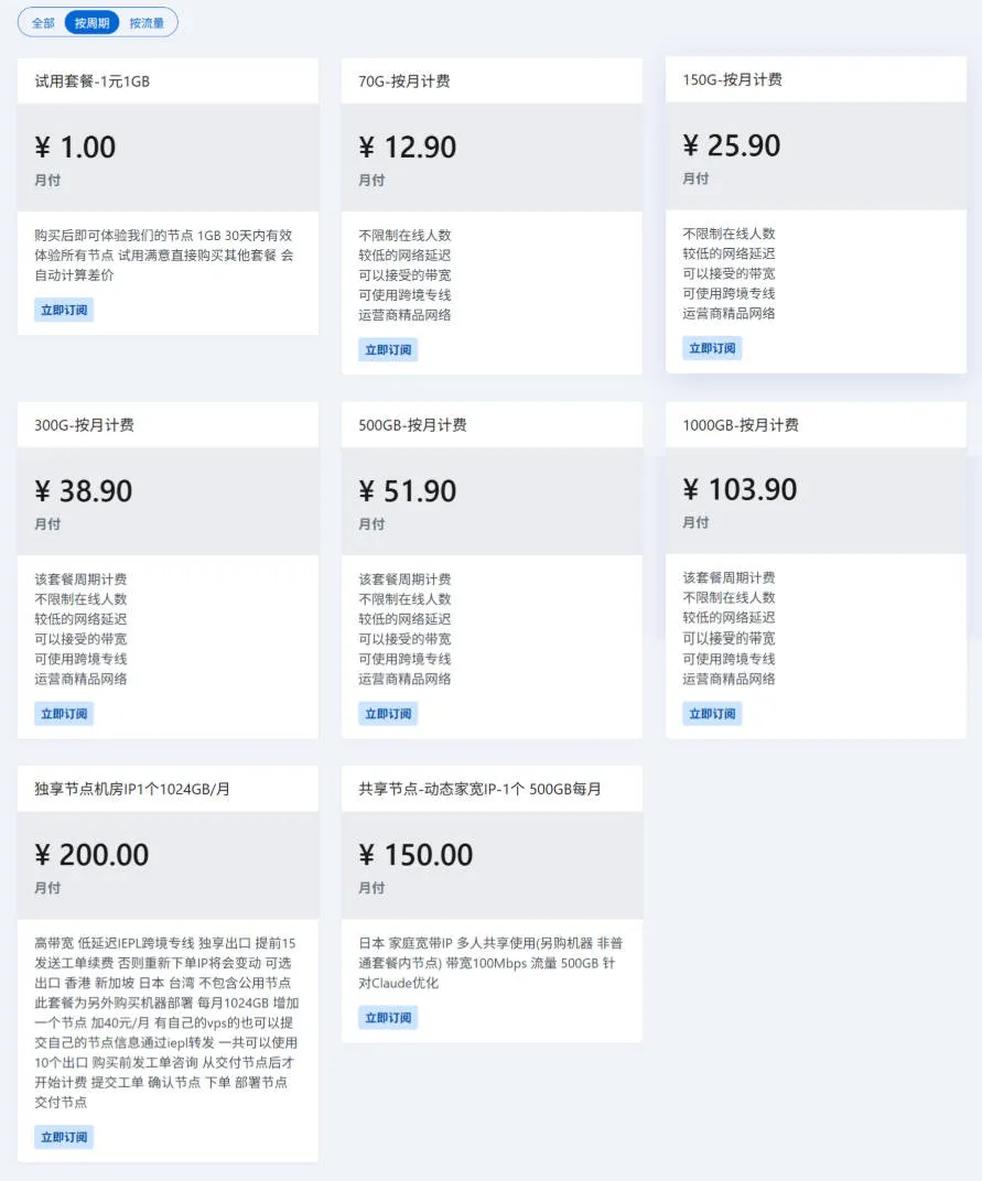 八戒机场按周期订阅套餐截屏