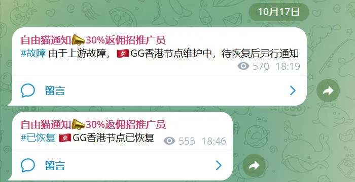 Freecat官方 TG 频道 10 月 17 日公告截图